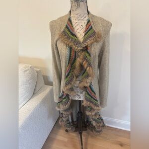 Byron Lars Beauty Mark long cardigan with crochet and rabbit fur trim detail L